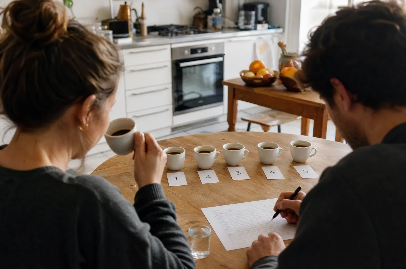 Dégustation en aveugle : cinq tasses identiques numérotées de 1 à 5 et grille de notation
