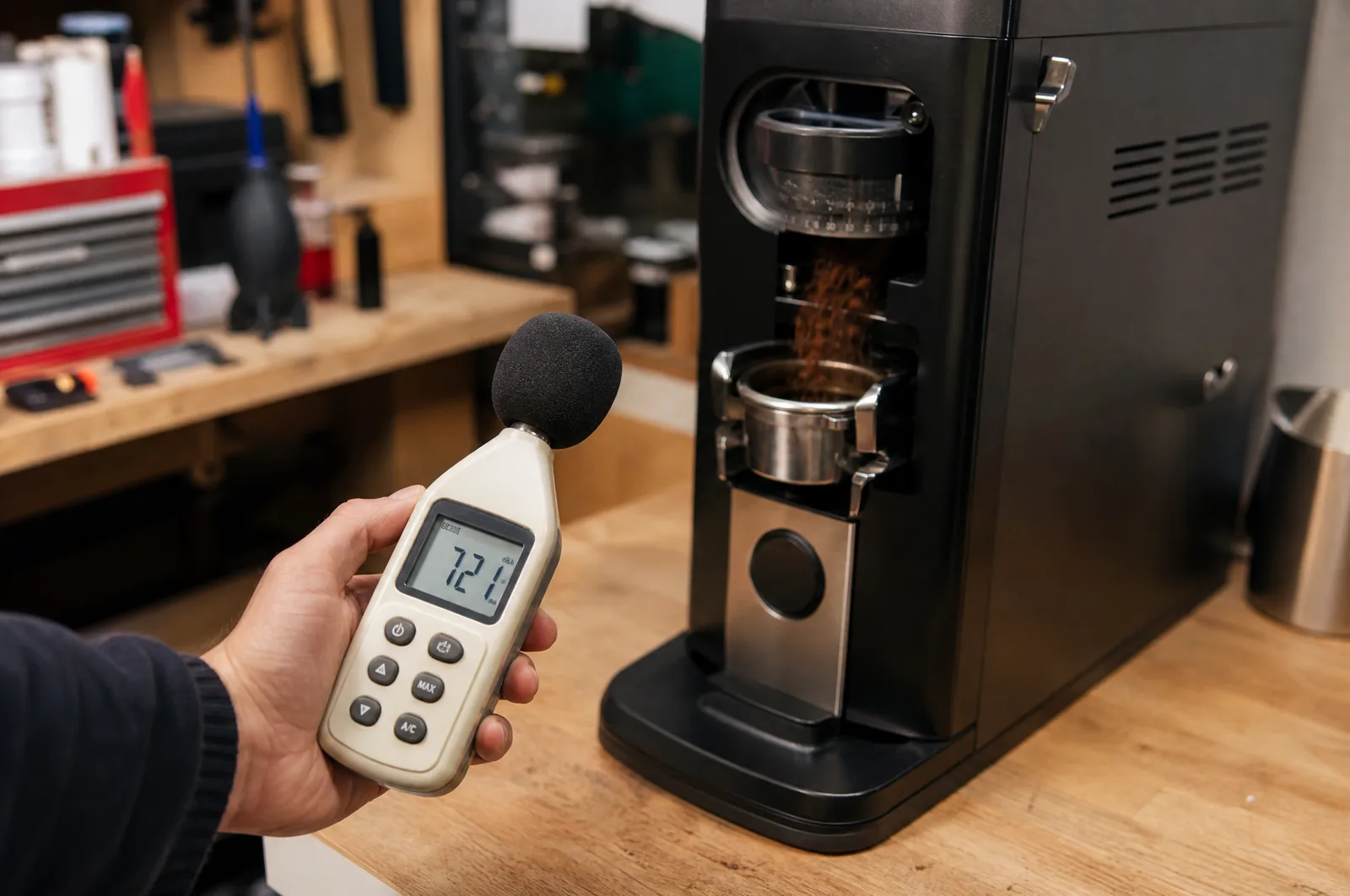 Mesure du niveau sonore au sonomètre, à 30 cm du broyeur en fonctionnement