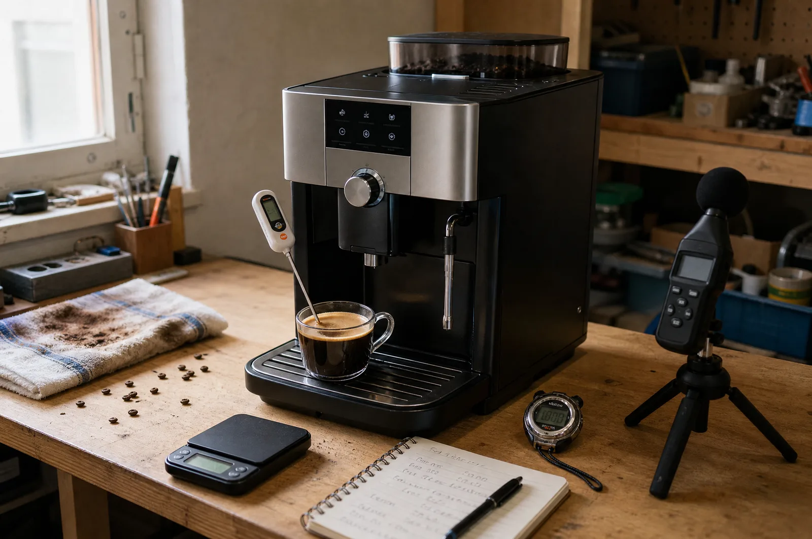 Station de test : machine expresso, thermomètre à sonde, chronomètre, balance de précision et sonomètre sur l'établi