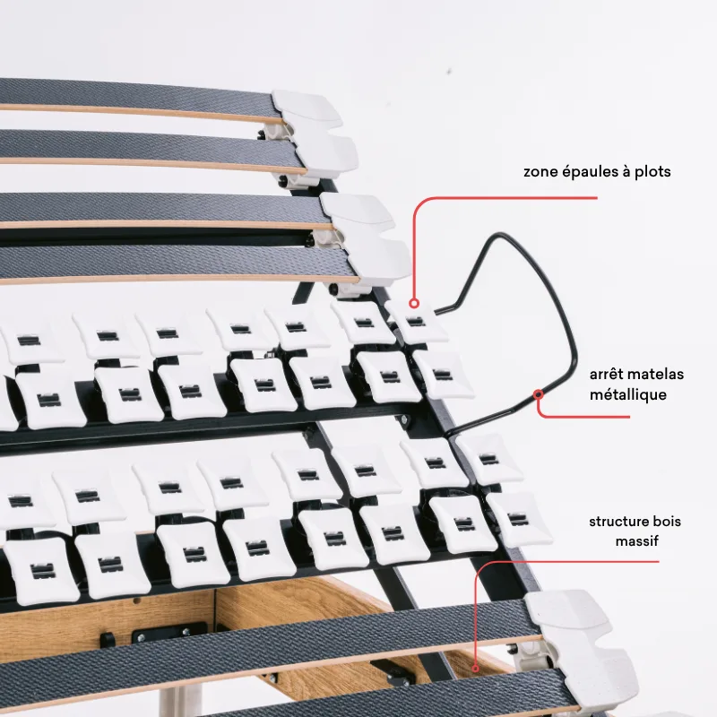 Zone épaules à plots du Nuit Technique — structure bois massif et arrêt matelas