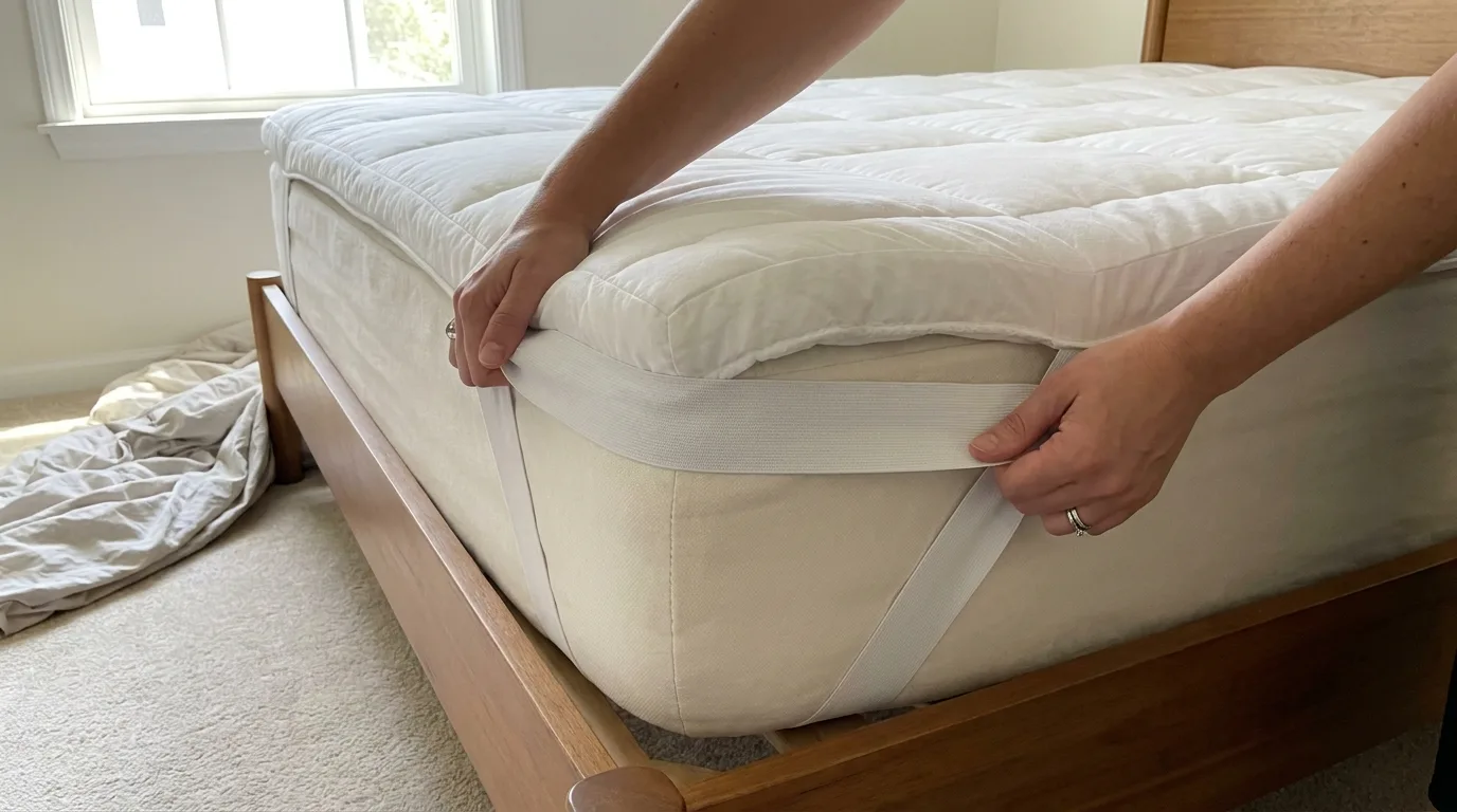 Installation du surmatelas Nyte : sangle élastique tendue sous le coin du matelas