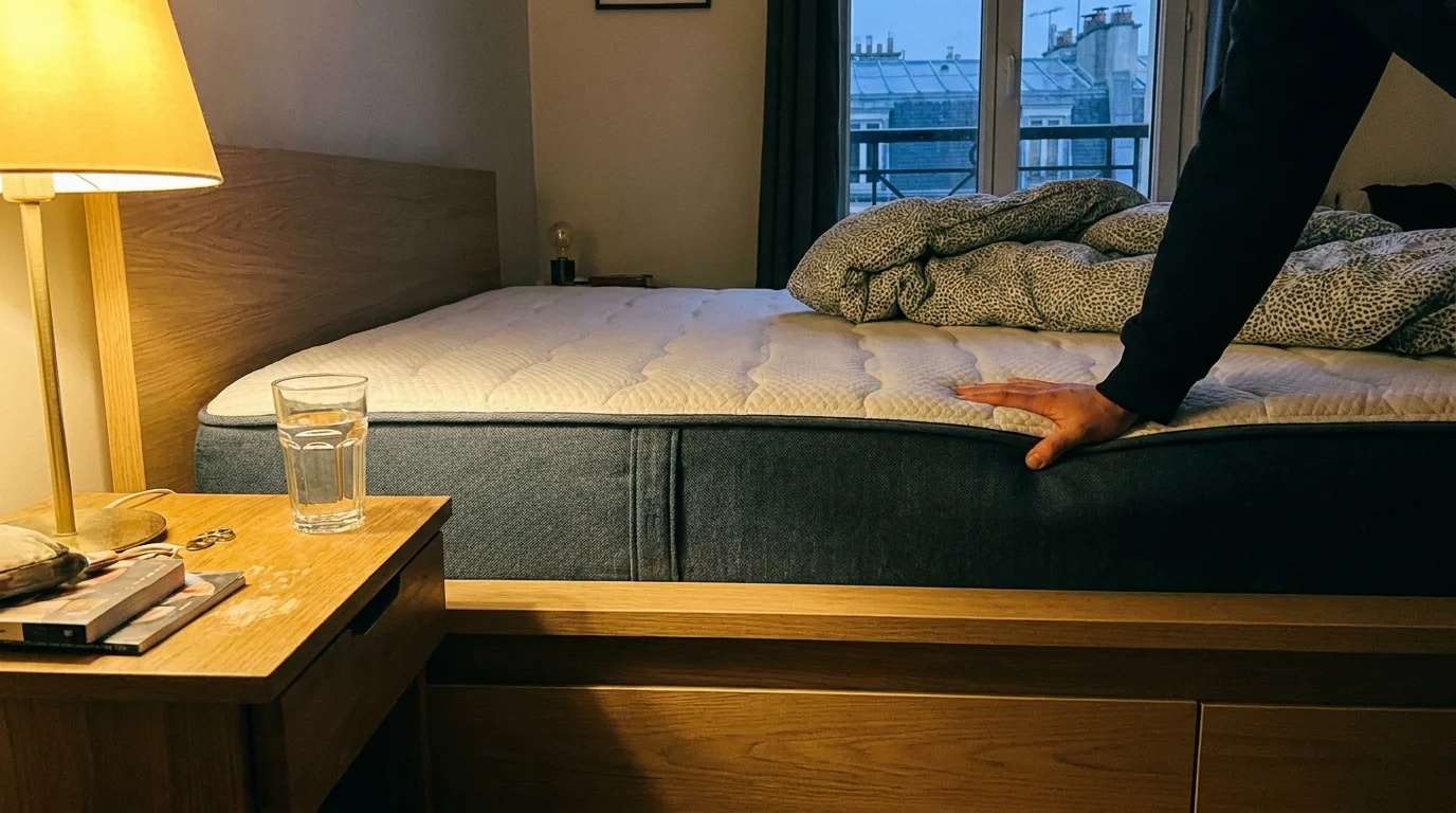 Appui sur le bord du matelas Tediber en fin de journée de test, verre d'eau posé sur la table de chevet