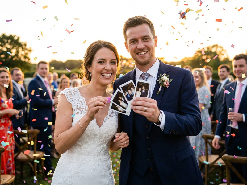 Maries tenant des photos Polaroid lors de leur reception