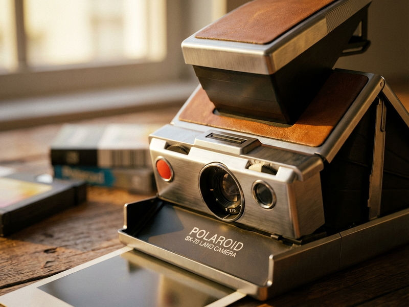 Polaroid SX-70 en gros plan, cuir et chrome, lumiere doree