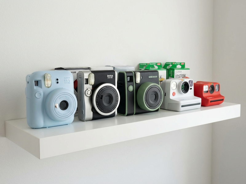 Cinq appareils photo instantanes alignes sur une etagere