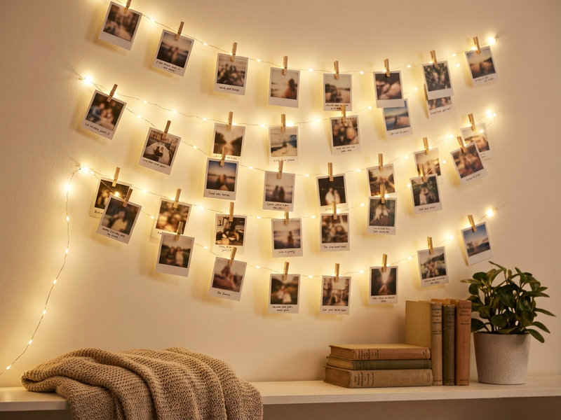 Mur creatif avec photos Polaroid epinglees et guirlandes