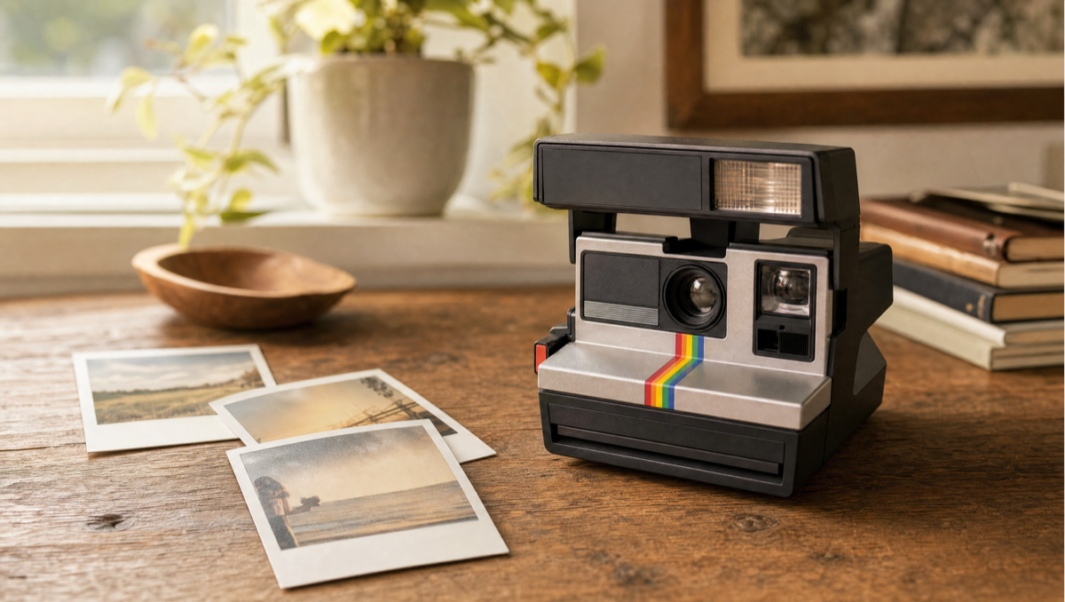 Appareil Polaroid 600 vintage pose sur une table en bois avec des photos instantanees