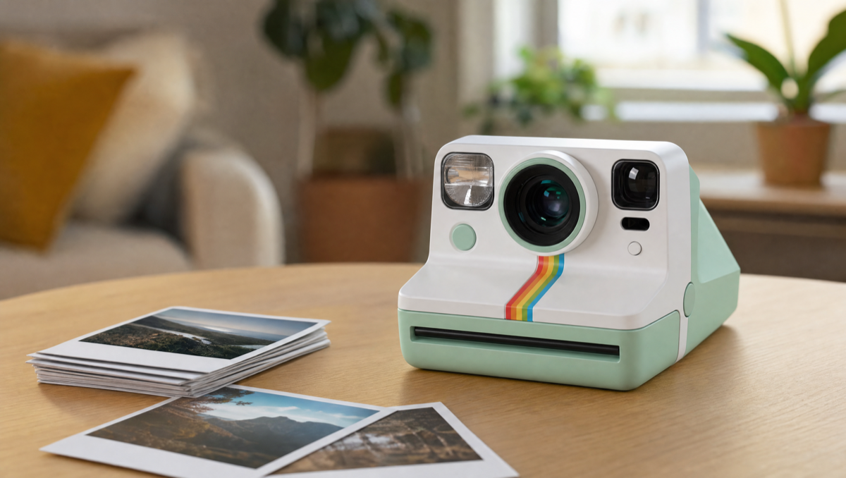 Appareil Polaroid Now blanc et menthe pose sur une table avec des photos instantanees carrees
