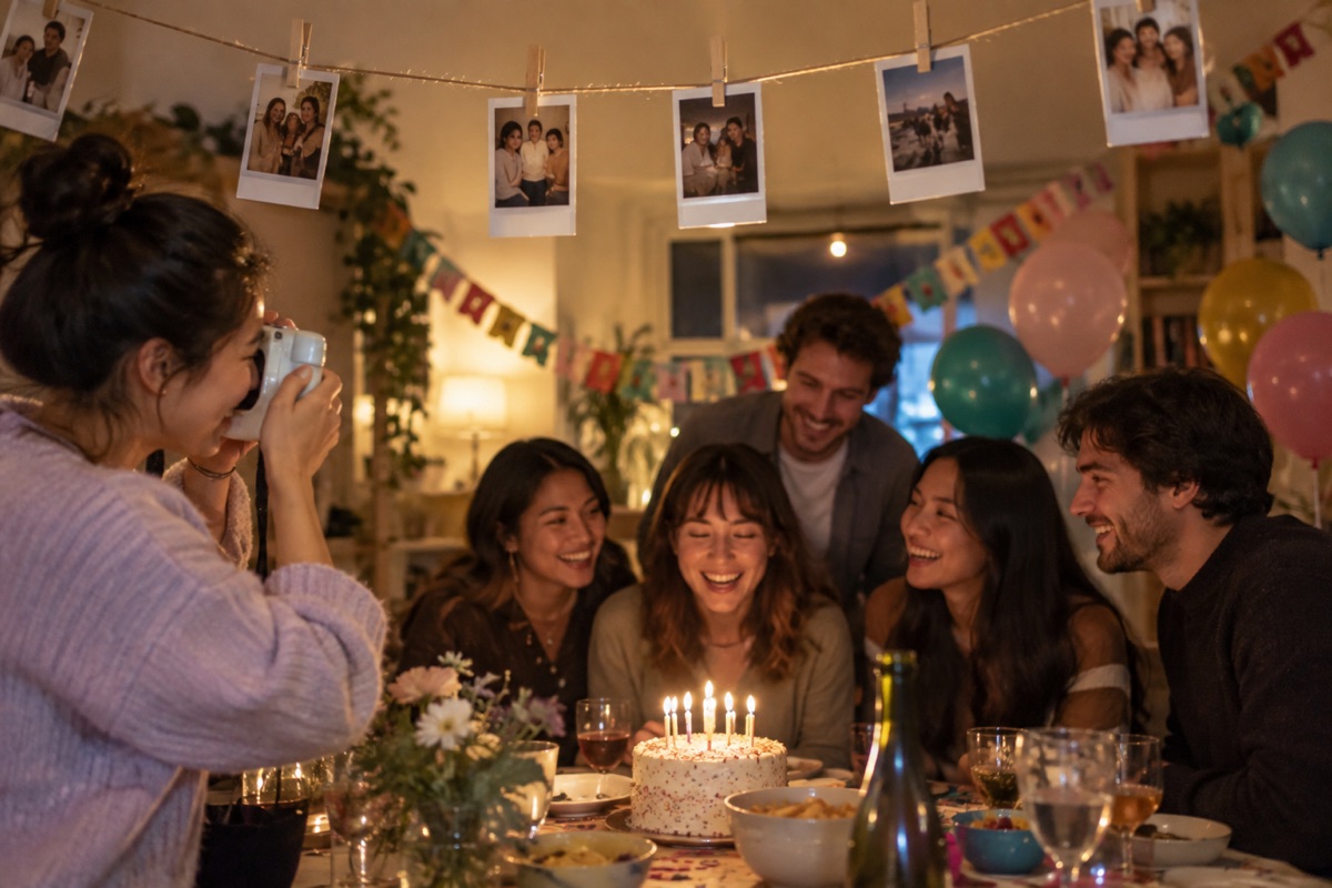 Animation photo anniversaire avec appareil instantane et photos imprimees